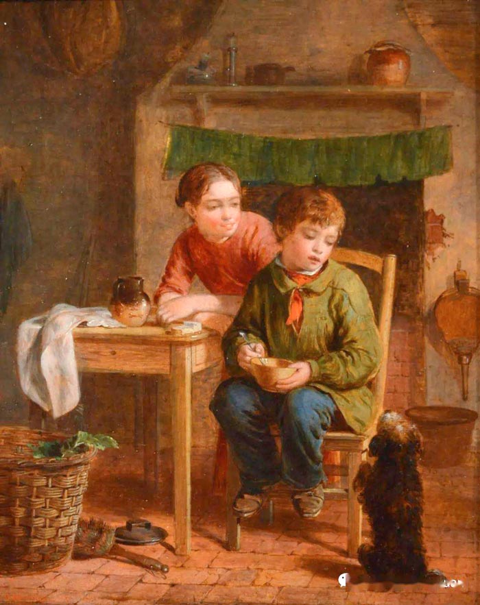 [A young boy and a young girl at the kitchen table with a terrier begging for food at their feet / Мальчик и девочка, сидящие за кухонным столом, а у их ног терьер, выпрашивающий еду], 1857