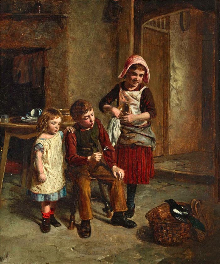 Kitchen interior with children's trio and magpie (Интерьер кухни с детским трио и сорокой)