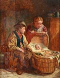 Двое детей с младенцем, спящим в кроватке