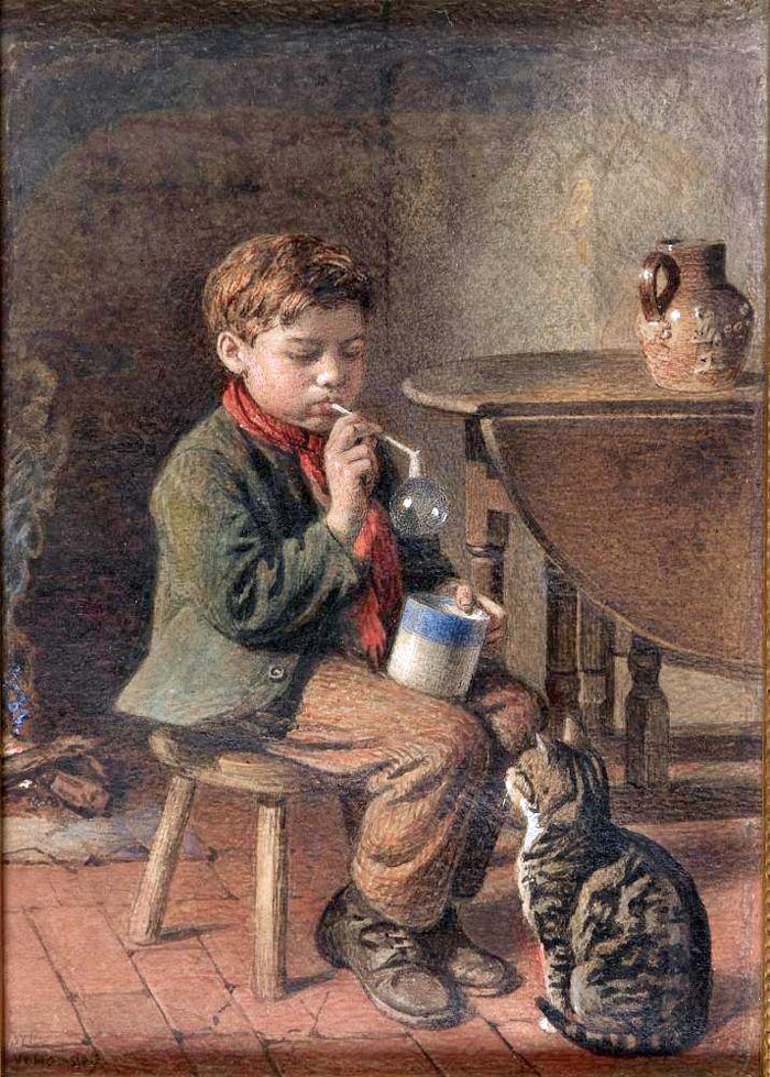 [Boy blowing a bubble, being watched by a cat / Мальчик, пускающий мыльные пузыри, за ним наблюдает кошка]