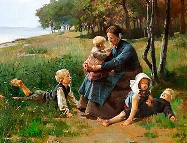 Mor og børn på udflugt til stranden (Мать с детьми на прогулке на пляж), 1885