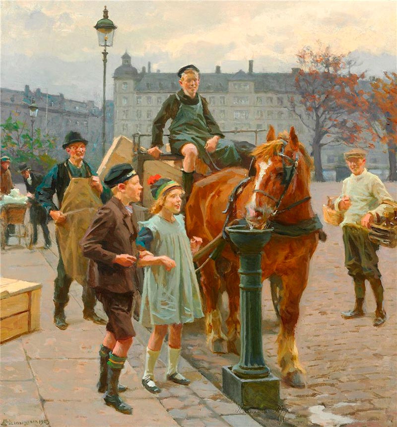 Street scene from Copenhagen with children watering a horse (Уличная сцена в Копенгагене с детьми, поящими лошадь), 1925