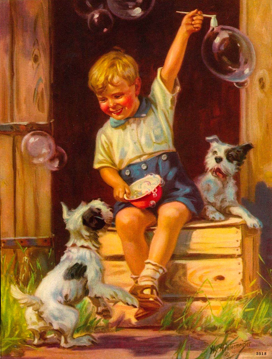 Boy Blowing Bubbles with Dogs (Мальчик, пускающий пузыри с собаками)*