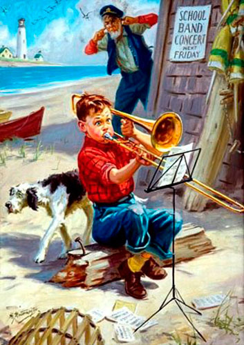 Boy practicing trombone to annoyance of fisherman and dog (Мальчик практикуется на тромбоне, раздражая рыбака и собаку)calendar illustration