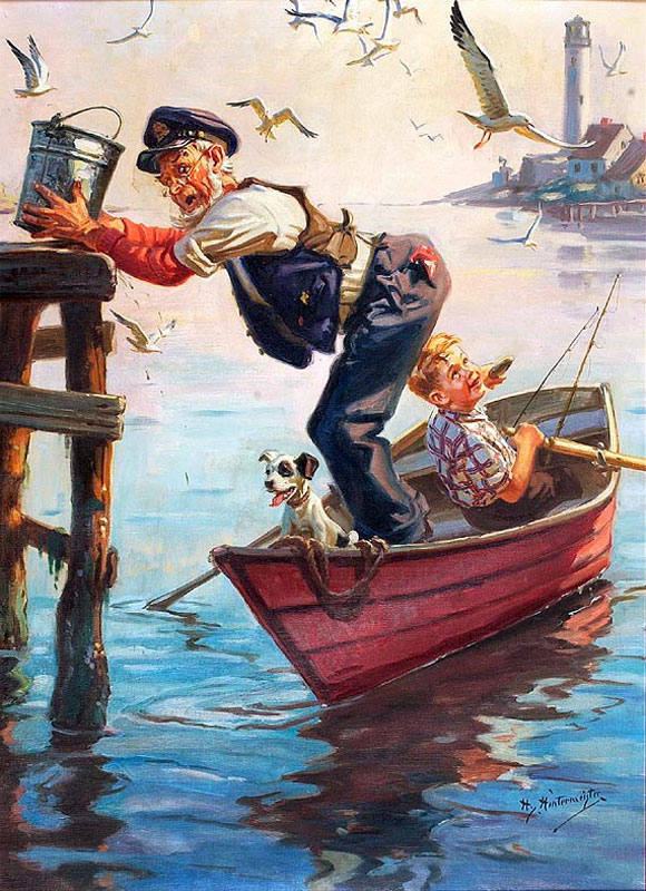 An Old Man, A Boy And His Dog In A Rowboat (Старик, мальчик и его собака на лодке)