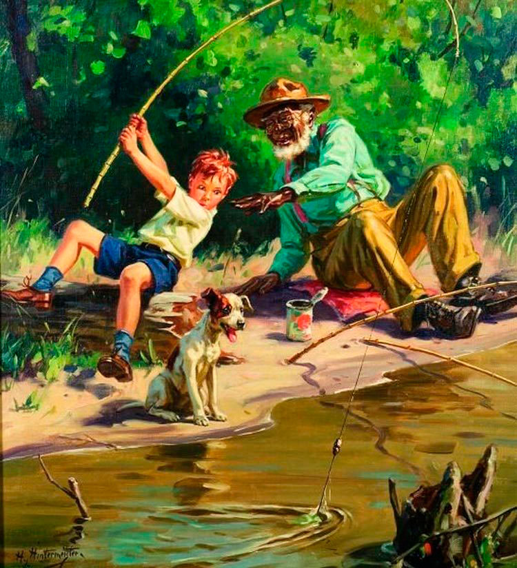 Older black man teaching young farm boy how to fish (Старик-негр учит мальчика с фермы удить рыбу), 1938 