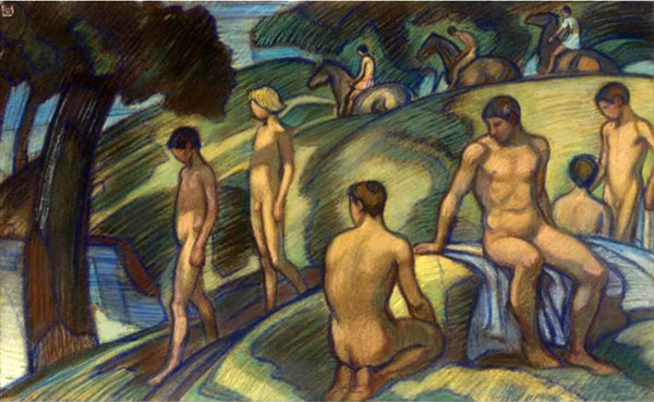 Men, boys and horses in a landscape (Мужчины, мальчики и лошади в пейзаже), c.1910