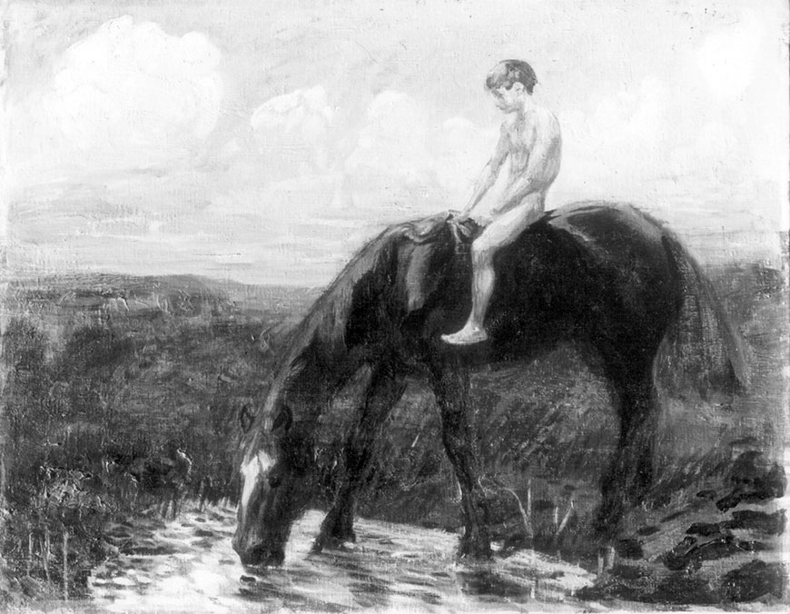 Pferd an der Tränke mit reitendem Knaben (Лошадь на водопое с мальчиком-наездником), c.1900