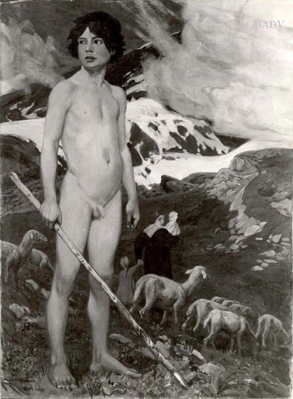 Nackter Hirtenknabe mit Schafen im Hochgebirge (Обнаженный пастушок с овцами в высокогорье), 1900