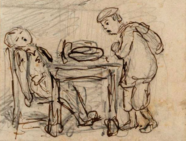 Two boys at a table, one of them sleeping (Два мальчика за столом, один спит)