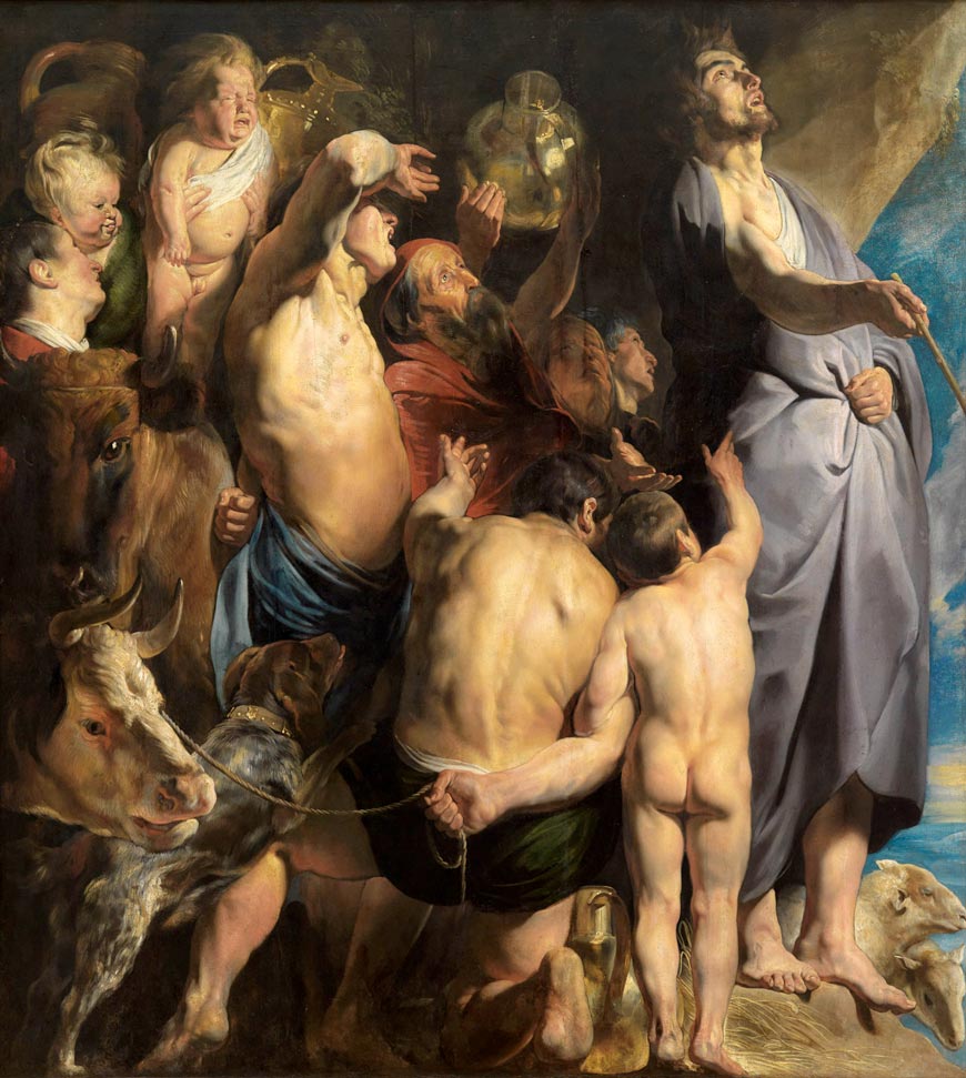 Moses schlägt Wasser aus dem Felsen (Моисей высекает воду из скалы), c.1618