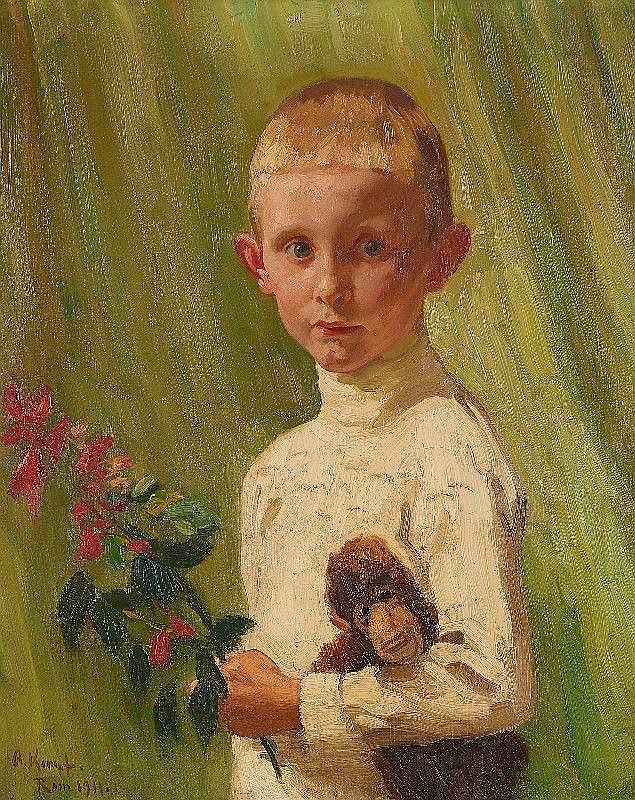 Portrait of a boy with a flowering branch and a monkey (Портрет мальчика с охапкой цветов и обезьянкой), 1911