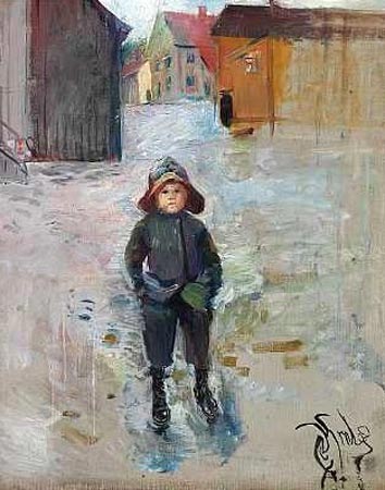 En lille gut på en regnvåd gade (Маленький мальчик на дождливой улице)