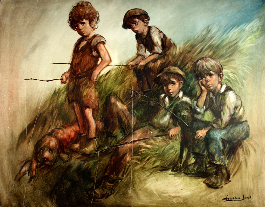 Children fishing on a Riverbank beside Dogs (Рыбачущие на берегу дети с собаками)