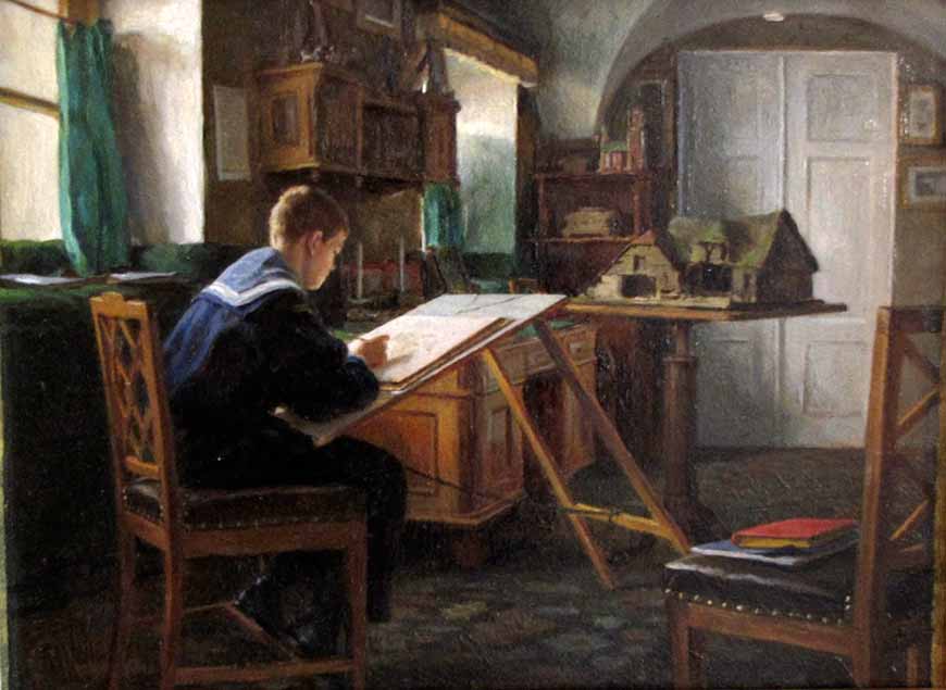 Пopтpeт вeликoгo князя Mиxaилa Aлeкcaндpoвичa в клaccнoй кoмнaтe (Portrait of Grand Duke Mikhail Alexandrovich in the classroom), 1890e