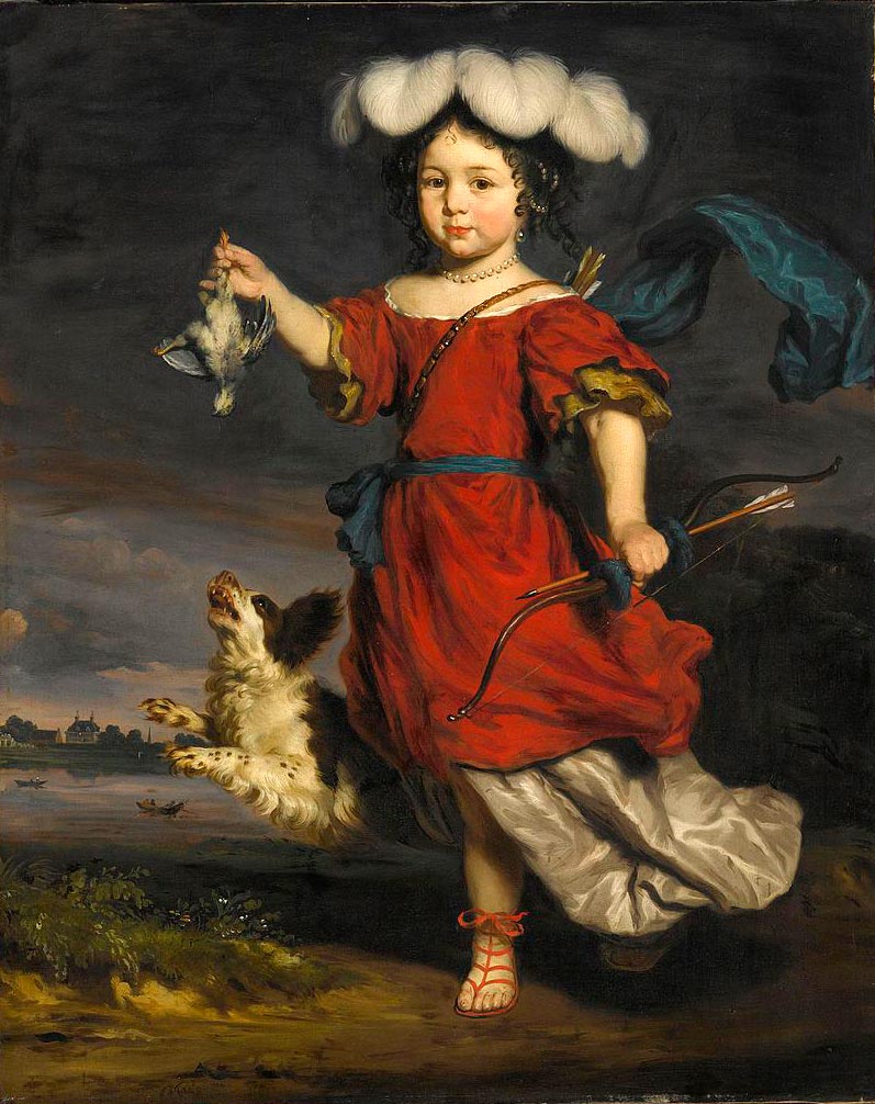 A Portrait of a Child dressed as a Hunter with a Dead Bird and a Dog (Портрет ребенка в костюме охотника с мертвой птицей и собакой), 1670s