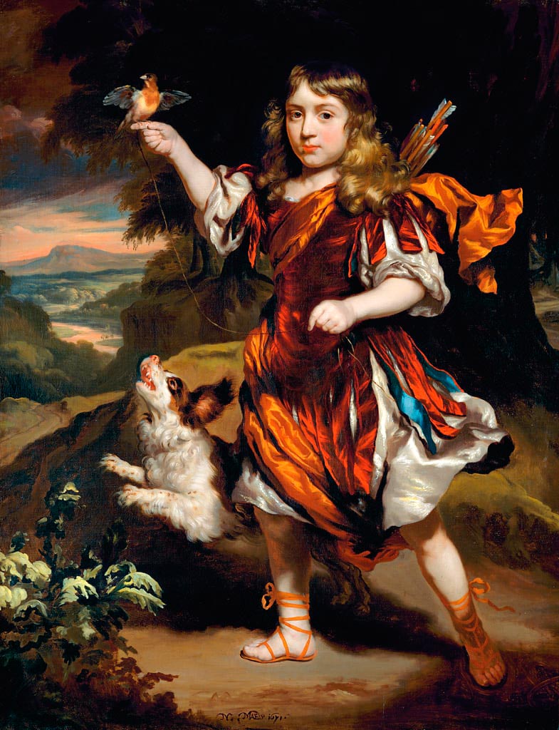 Portrait of a boy as Daifilo in an orange cloak, with a bird (Портрет мальчика в образе Дайфило в оранжевом плаще с птицей), 1671