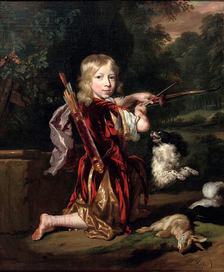 Portrait of a boy with a bow and a dog (Портрет мальчика с луком и собакой), 1673-1674