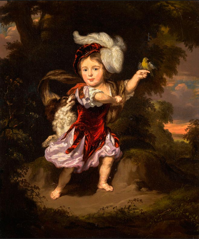 Portrait of a child in a landscape, with a dog and a goldfinch (Портрет ребенка на фоне пейзажа, с собакой и щеглом), 1675-1680