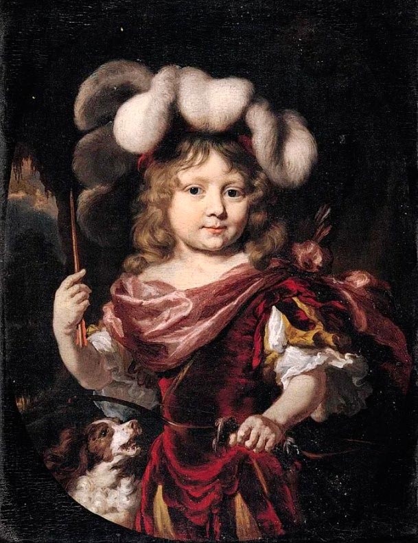 Portrait of a young boy, three quarter lenght, wearing classical costume, holding a bow and arrows, accompanied by a spaniel (Портрет мальчика в три четверти, в классическом костюме, держащего лук и стрелы, в сопровождении спаниеля), c.1675