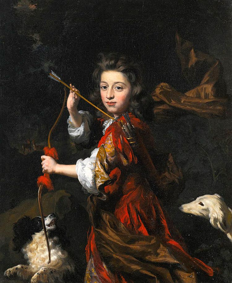 Portrait of a young nobleman, three-quarter-length, wearing red with a brown sash, holding a bow and a quiver of arrows, with two dogs in a wooded landscape (Портрет юного дворянина в три четверти, в красном с коричневым поясом, держащего лук и колчан со стрелами, с двумя собаками на фоне лесного пейзажа), 1675-1693