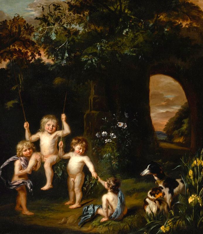 Children playing with a swing and two dogs before a ruined arch (Дети, играющие на качелях и с двумя собаками перед разрушенной аркой)