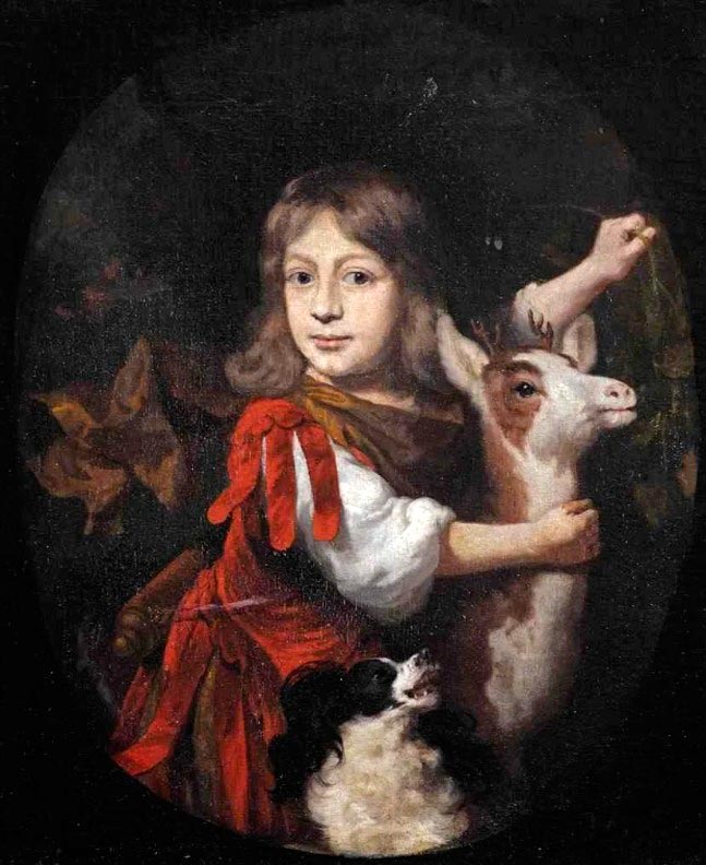 A young boy in a fanciful classical costume with a faun and a spaniel, in a painted oval (Мальчик в причудливом классическом костюме с фавном и спаниелем в овале)