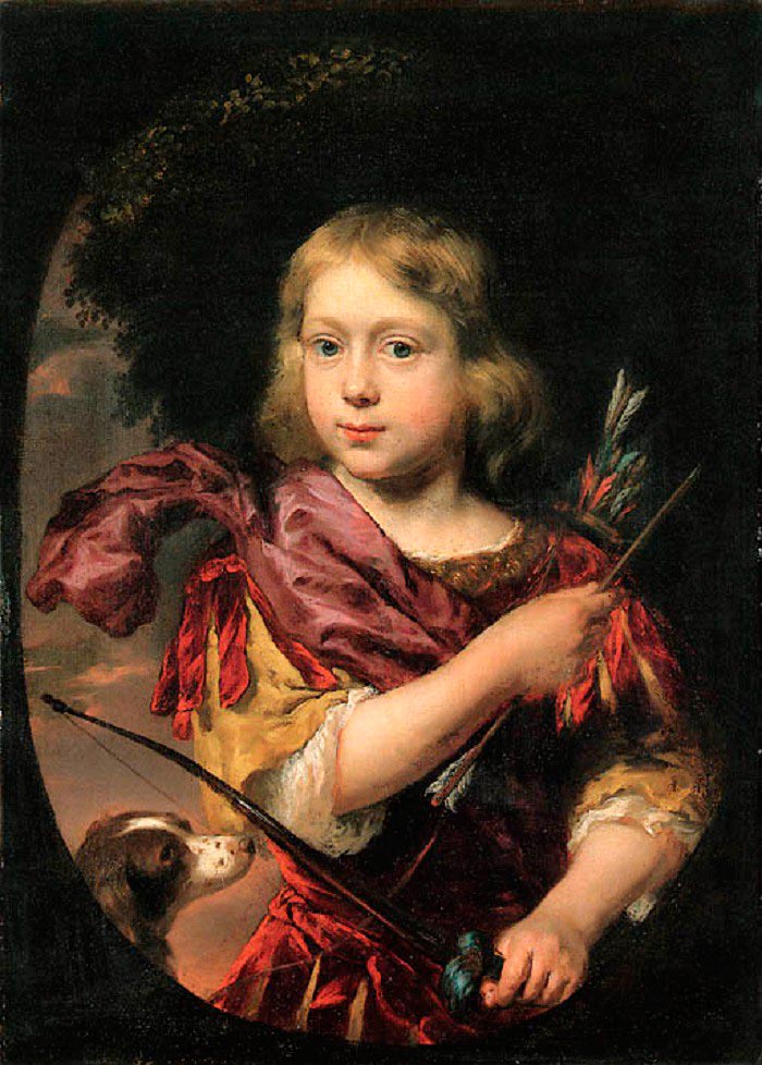 Portrait of a Boy, half-length, in classical costume, holding a bow and arrow, a dog beside him-in a feigned oval (Поясной портрет мальчика в классическом костюме с луком и стрелами и с собакой, в фальшивом овале)