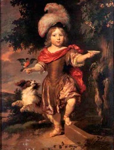 Portrait of a boy wearing classical dress ans plumed hat, a dog by his side (Портрет мальчика в классическом костюме и шляпе с перьями, с собакой сбоку от него)