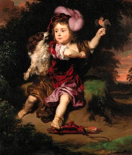 Portrait of a boy with a spaniel, a robin resting on his left hand, a bow and arrows at his feet (Портрет мальчика со спаниелем, малиновка опирается на его левую руку, лук и стрелы у его ног)