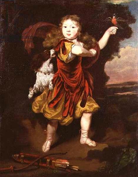 Portrait of a young boy in red with an exotic bird in one hand and a spaniel by his side, a bow and arrow lay on the floor nearby (Портрет мальчика в красном с экзотической птицей в одной руке и спаниелем рядом, на полу лежат лук и стрелы)