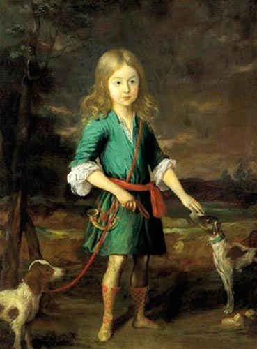 Portrait of a boy with a hunting horn and two dogs in a landscape (Портрет мальчика с охотничьим рогом и двумя собаками на фоне пейзажа)