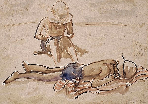 Am Strand. Sitzender und liegender Junge (На пляже. Сидящий и лежащий мальчики), 1937