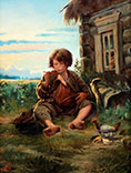 A young boy eating soup