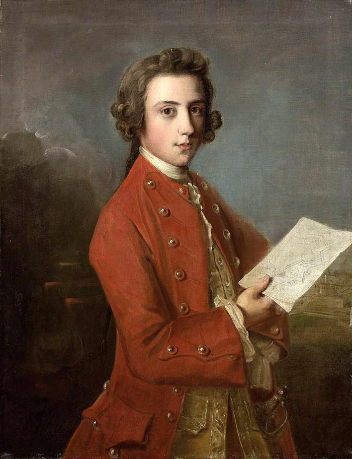 Portrait of a boy, said to be General James Wolfe, three-quarter-length, in a red coat, holding plans of fortifications (Портрет мальчика, предположительно генерала Джеймса Вулфа, в три четверти, в красном мундире, с планами укреплений), 1748