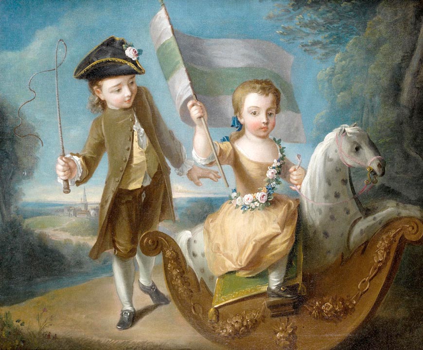 Portrait of a young girl seated on a rocking horse with a flag, and a boy holding a whip (Портрет девочки, сидящей на качающейся лошадке с флагом, и мальчика с хлыстом)