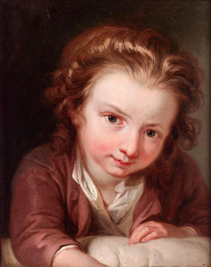 A young boy in a mauve coat and white shirt, leaning over a pillow (Мальчик в лиловом камзоле и белой рубашке, склонившийся над подушкой)