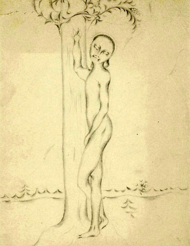 Stehender Knabenakt, an einen Baum gelehnt (Стоящий обнаженный мальчик, прислонившийся к дереву), 1913-1917