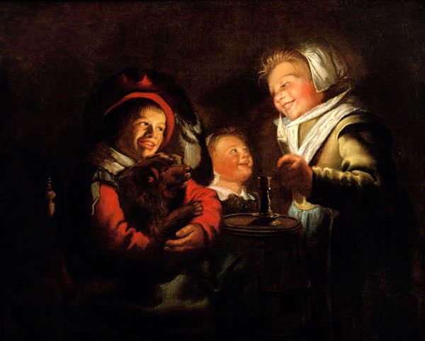 Two girls and a boy with a dog by candle light (Две девочки и мальчик с собакой в свете свечи)