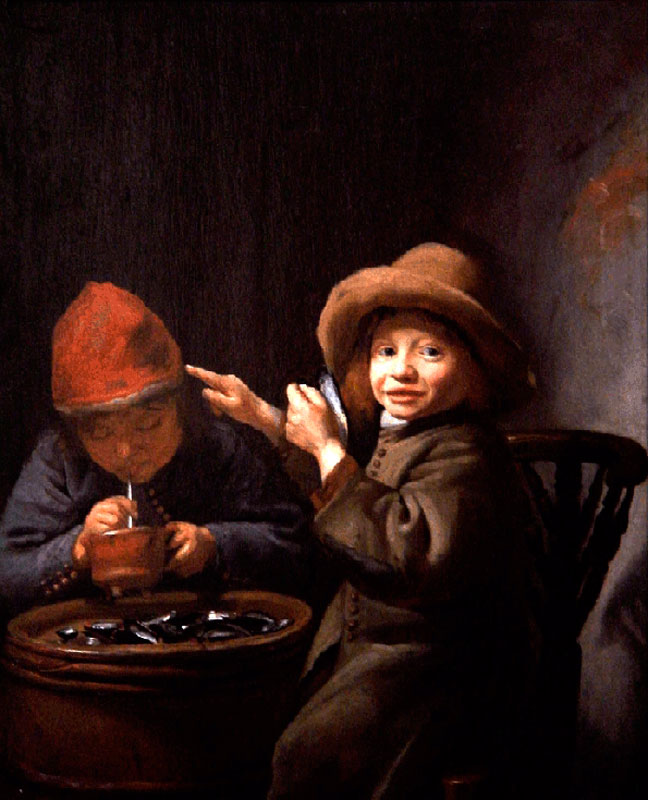 A boy eating mussels, another lighting a pipe (Мальчик, поедающий мидии, другой, раскуривающий трубку)