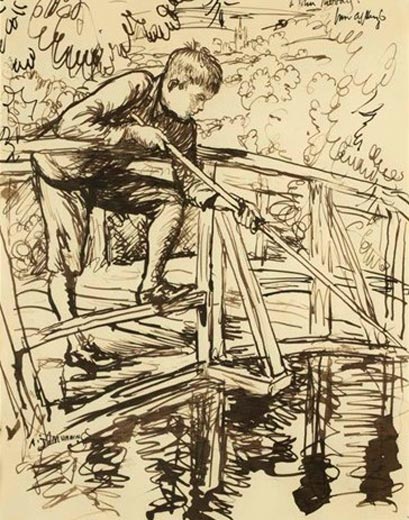A young boy fishing from a bridge (Мальчик, рыбачущий с моста)