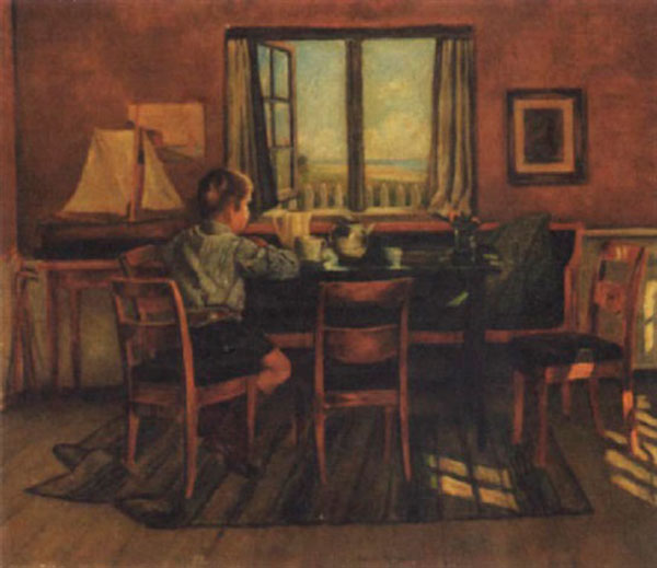 Interior med lille dreng der læser lektier (Интерьер с мальчиком, читающим домашнее задание), 1922