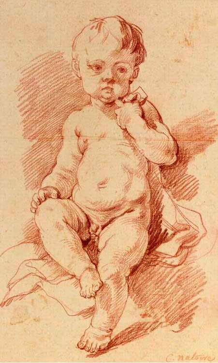 Un enfant assis tenant un objet dans sa main gauche (Сидящий ребёнок с предметом в левой руке)