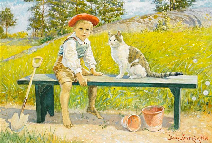 Solsken - Gosse och katt på bänk (Солнечно, мальчик и кошка на скамейке), 1904