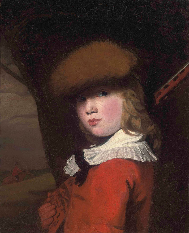 Portrait of a boy, bust-length, in a red coat with a white collar and a fur hat, holding a gun, in a landscape (Бюстовый портрет мальчика в красном камзоле с белым воротником и меховой шапкой, держащего оружие, в пейзаже)