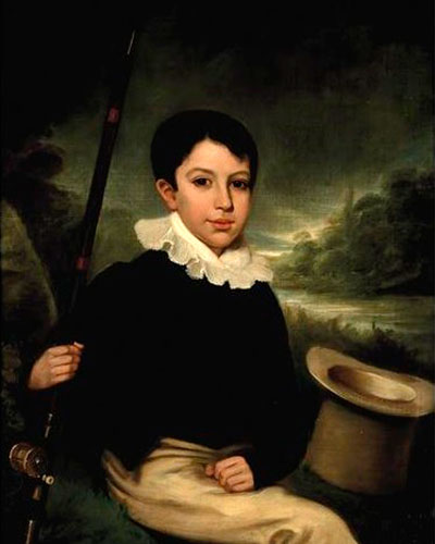 A portrait of a young boy with a fishing rod and a river beyond (Портрет мальчика с удочкой и рекой позади)