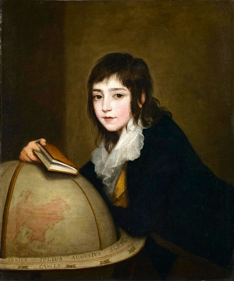 Portrait of the young Sir Joseph Banks, half-length, wearing a black coat, holding a book, leaning on a globe which shows a map of Australia (Поясной портрет юного сэра Джозефа Бэнкса в черном камзоле, с книгой, опирающейся на глобус с картой Австралии)