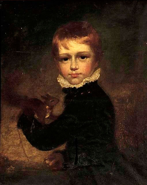 Portrait of a boy, half-length, in a black coat and white ruff, holding a squirrel, in a landscape (Поясной портрет мальчика в черном камзоле и белых рюшах, держащего белку, в пейзаже)