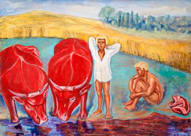 На каникулах: Два мальчика и красные коровы у водопоя (On vacation - two boys and red cows at the potion), 1938