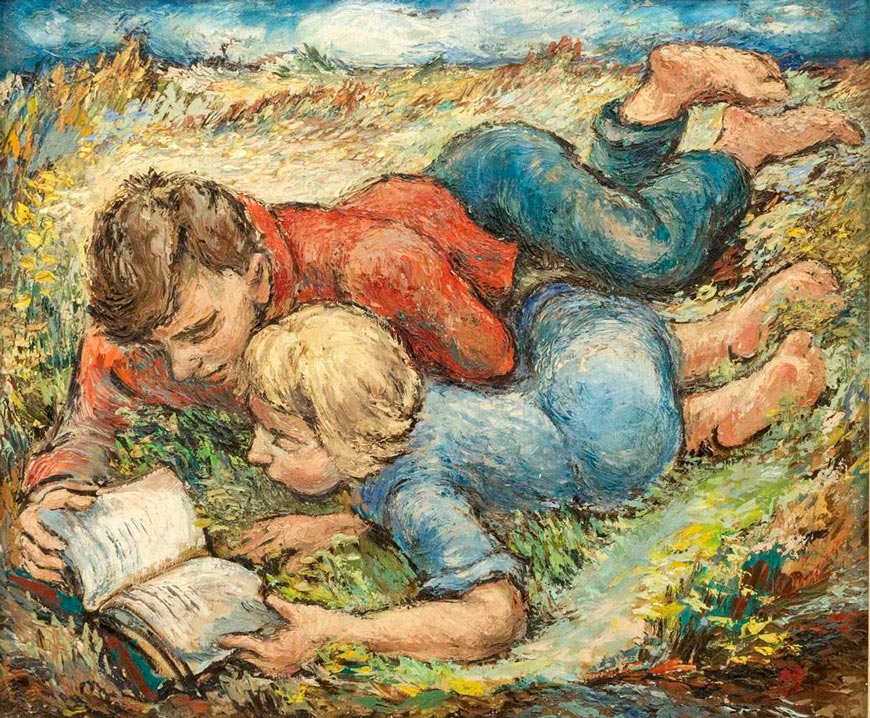 Two children reading in a meadow (Два ребёнка, читающих на лугу)